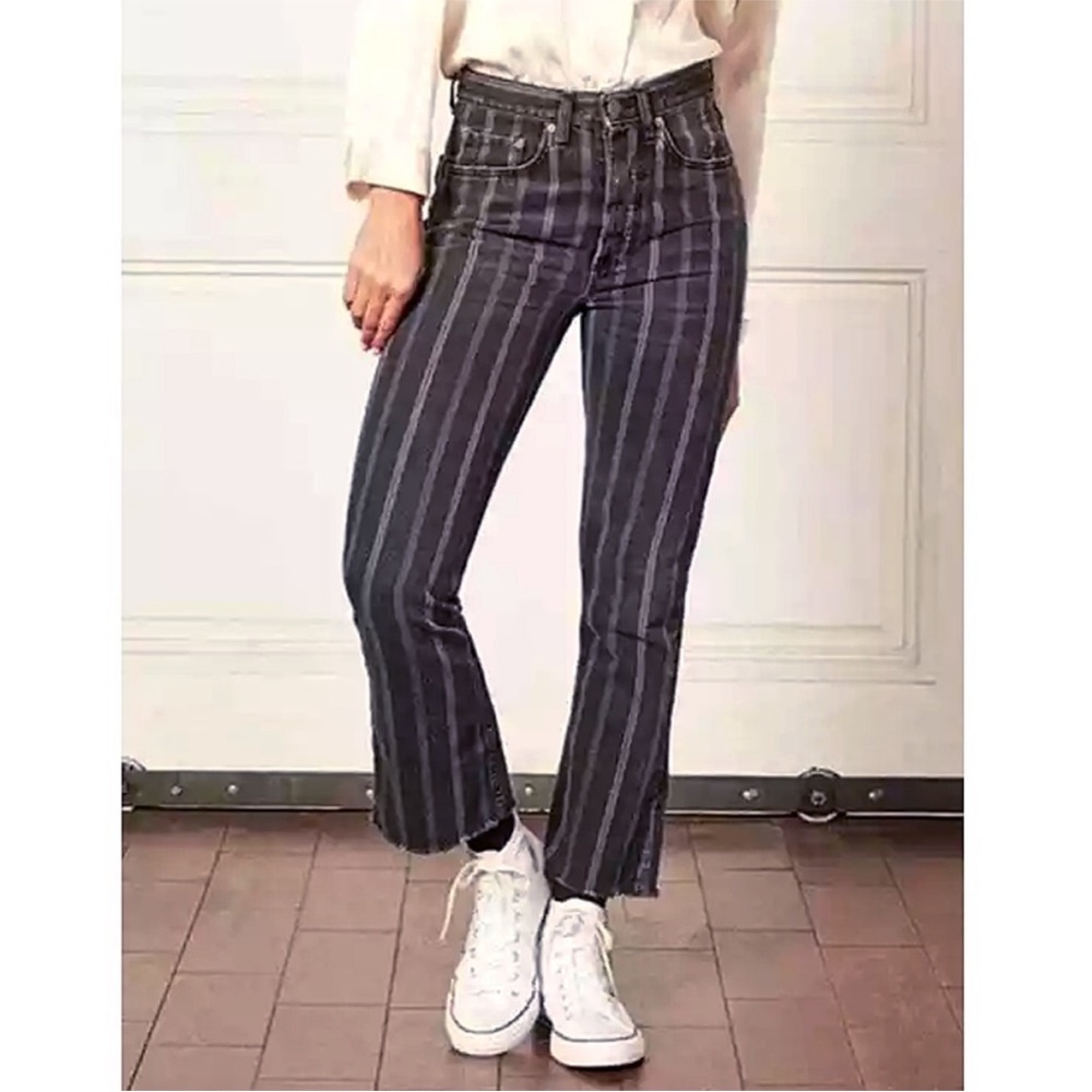 Boyish Black Striped High Waisted Flare Crop Jeans Size 26 Straight Leg Darcy